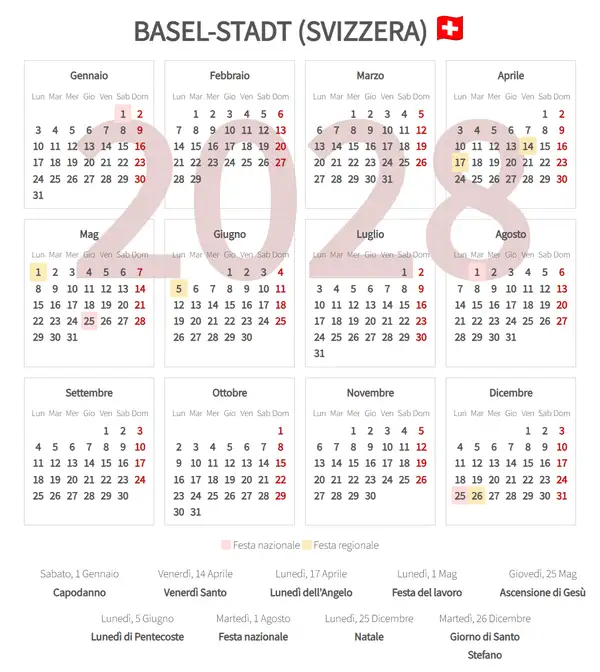 Calendario Lavorativo 2028, Basel-stadt (Svizzera)