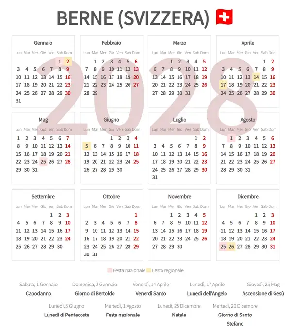 Calendario Lavorativo 2028, Berne (Svizzera)