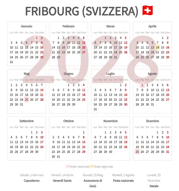 Calendario Lavorativo 2028, Fribourg (Svizzera)