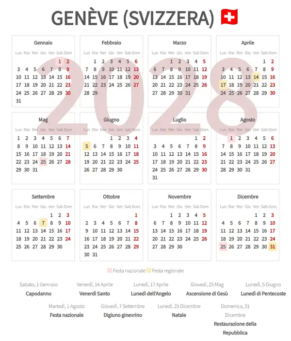 Calendario Lavorativo 2028, Genève (Svizzera)