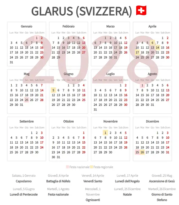 Calendario Lavorativo 2028, Glarus (Svizzera)