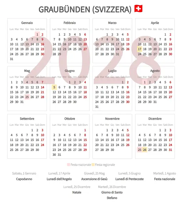 Calendario Lavorativo 2028, Graubünden (Svizzera)