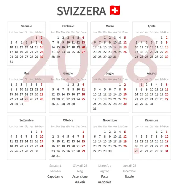 Calendario Lavorativo 2028 per Svizzera
