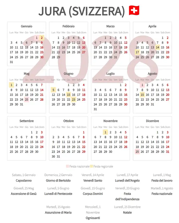 Calendario Lavorativo 2028, Jura (Svizzera)