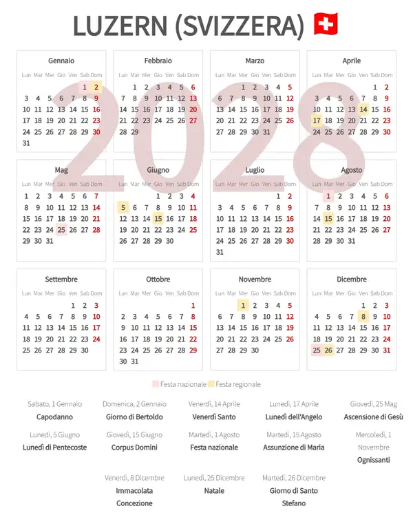 Calendario Lavorativo 2028, Luzern (Svizzera)