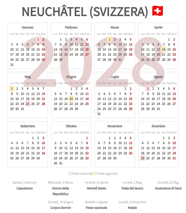 Calendario Lavorativo 2028, Neuchâtel (Svizzera)