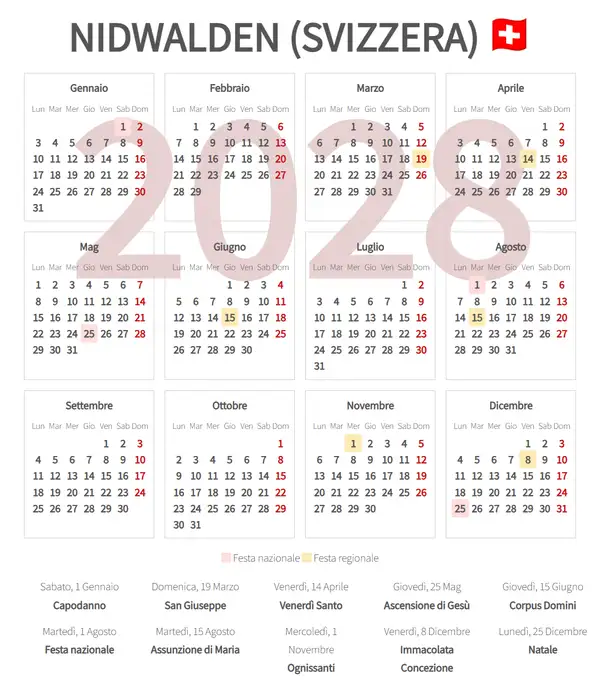 Calendario Lavorativo 2028, Nidwalden (Svizzera)