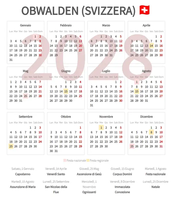 Calendario Lavorativo 2028, Obwalden (Svizzera)