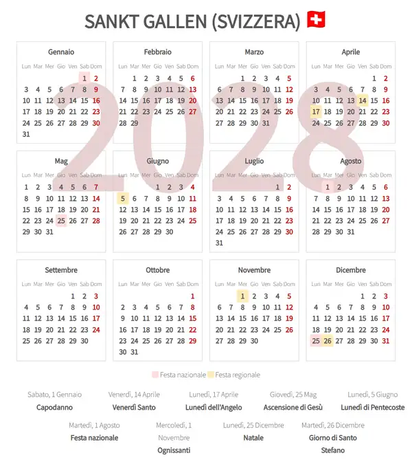 Calendario Lavorativo 2028, Sankt gallen (Svizzera)