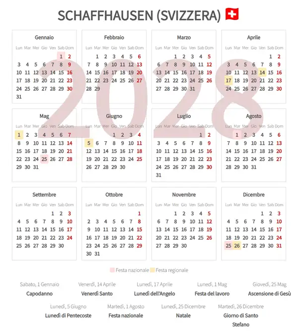 Calendario Lavorativo 2028, Schaffhausen (Svizzera)