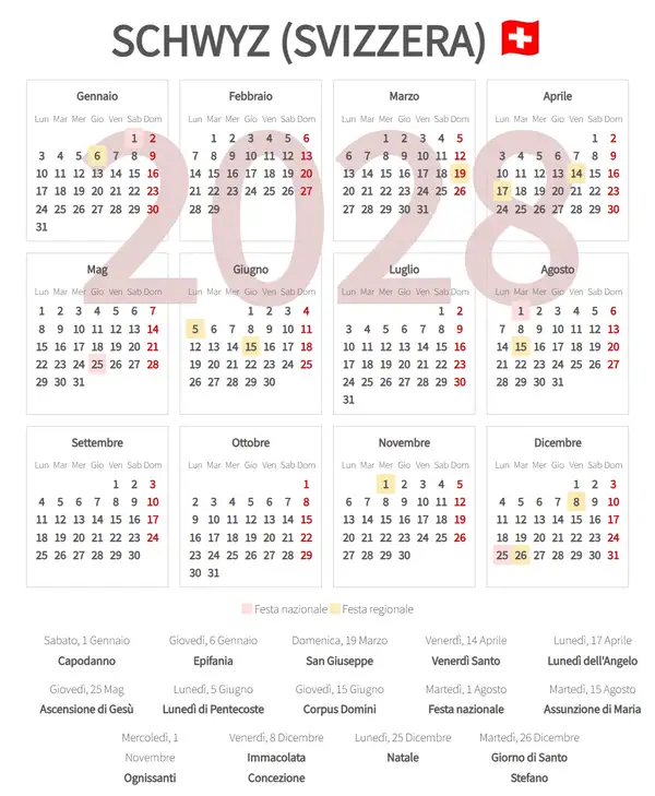 Calendario Lavorativo 2028, Schwyz (Svizzera)
