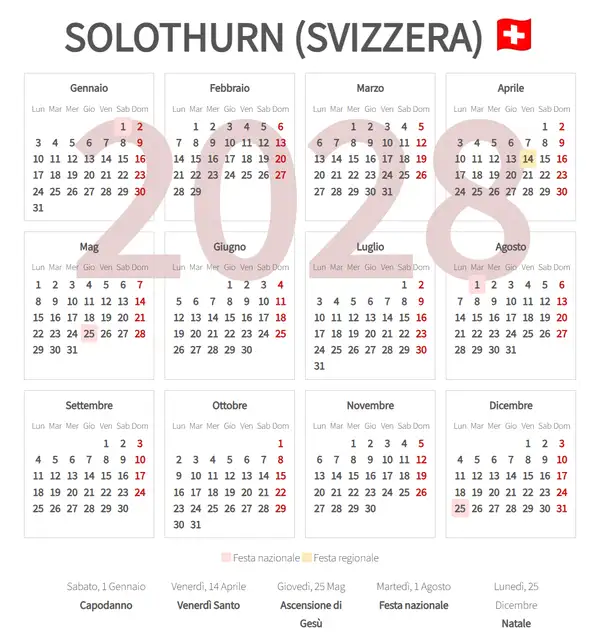 Calendario Lavorativo 2028, Solothurn (Svizzera)