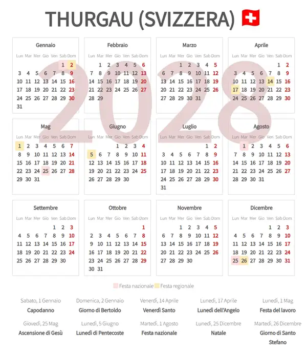 Calendario Lavorativo 2028, Thurgau (Svizzera)