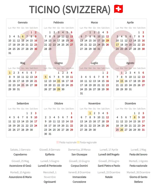 Calendario Lavorativo 2028, Ticino (Svizzera)