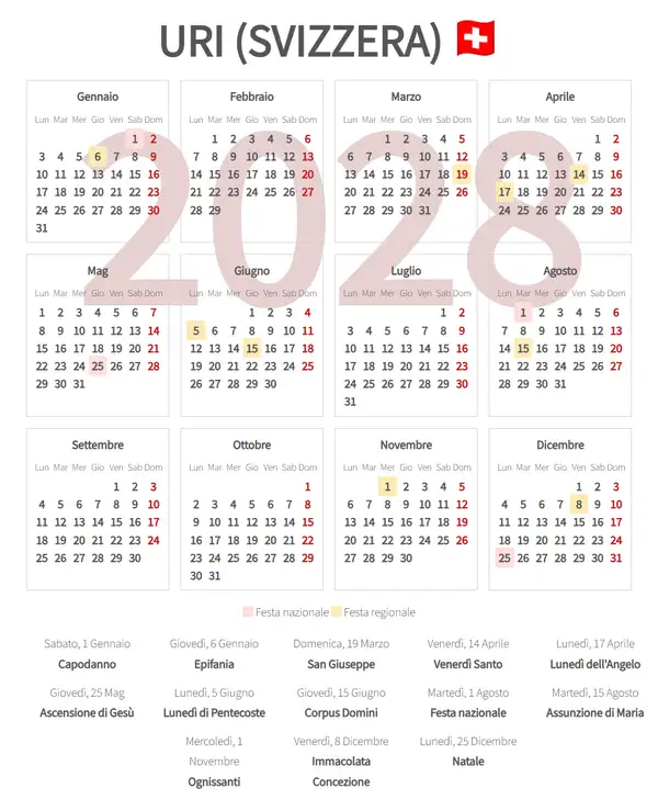 Calendario Lavorativo 2028, Uri (Svizzera)