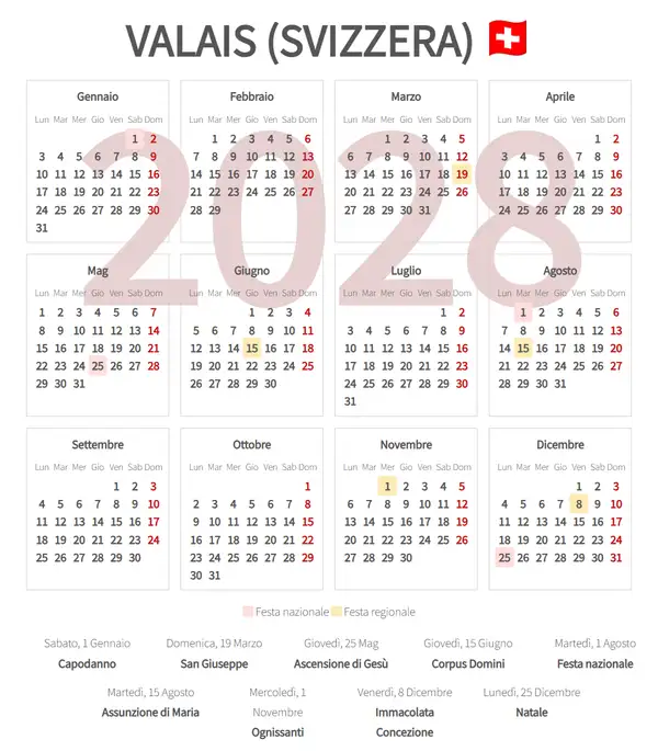 Calendario Lavorativo 2028, Valais (Svizzera)