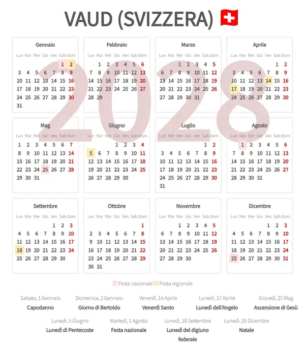 Calendario Lavorativo 2028, Vaud (Svizzera)