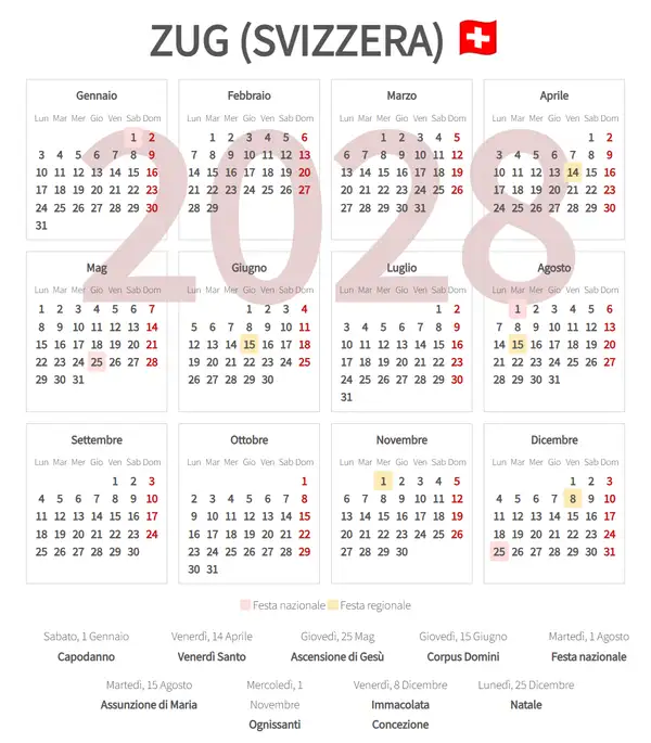 Calendario Lavorativo 2028, Zug (Svizzera)