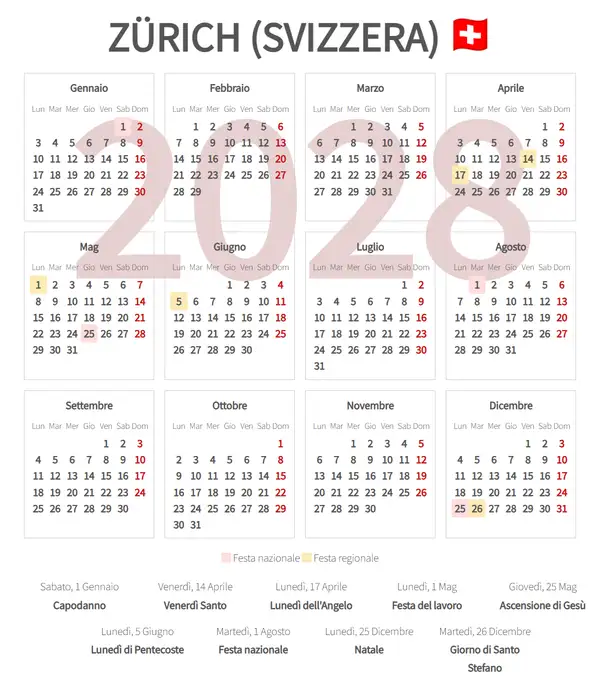 Calendario Lavorativo 2028, Zürich (Svizzera)