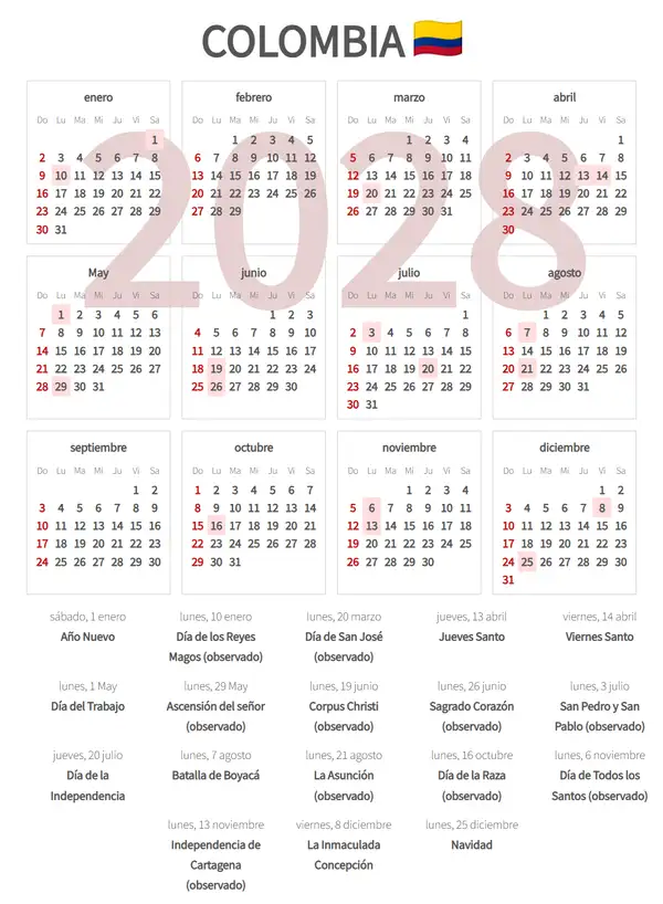 Calendario Laboral 2028 de Colombia