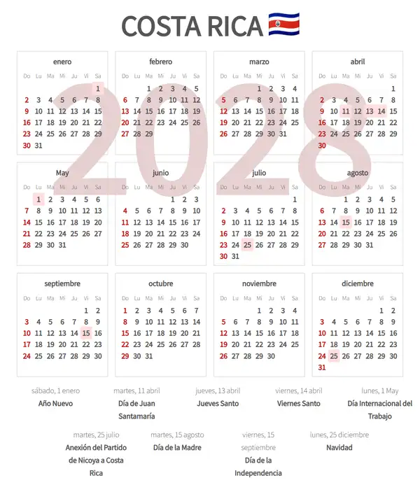 Calendario Laboral 2028 de Costa rica