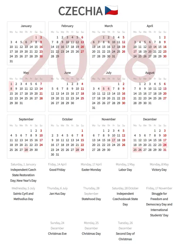 Work Calendar 2028, Czechia - Public Holidays