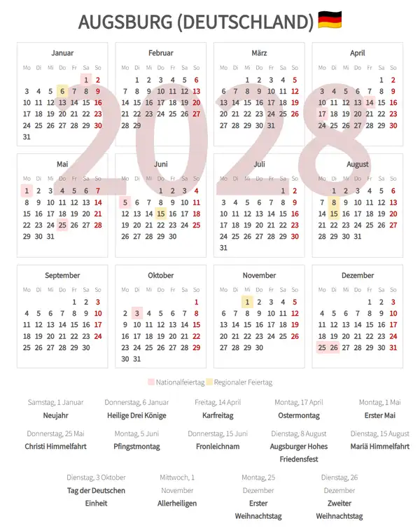 Arbeitskalender 2028, Augsburg (Deutschland)