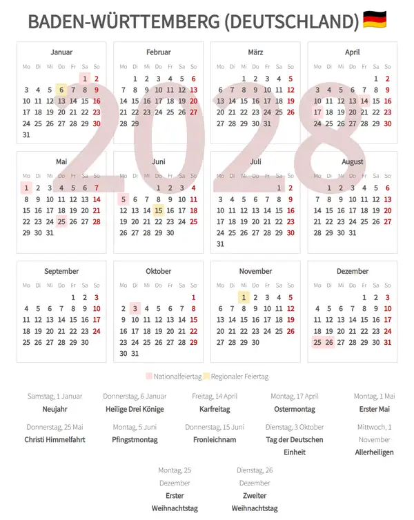 Arbeitskalender 2028, Baden-württemberg (Deutschland)