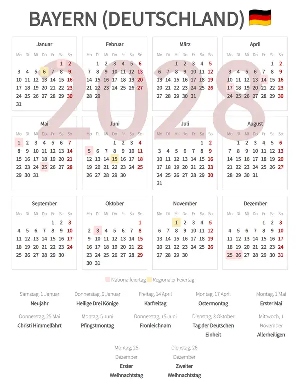 Arbeitskalender 2028, Bayern (Deutschland)