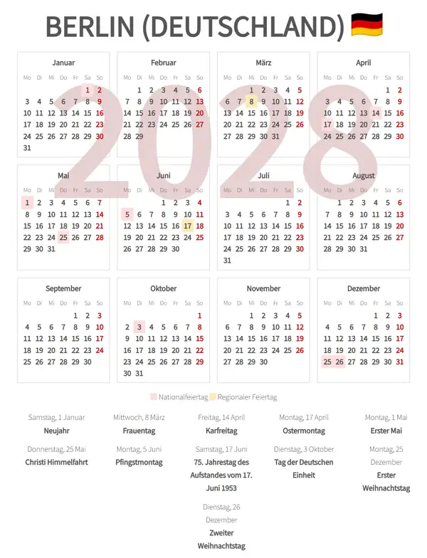 Arbeitskalender 2028, Berlin (Deutschland)