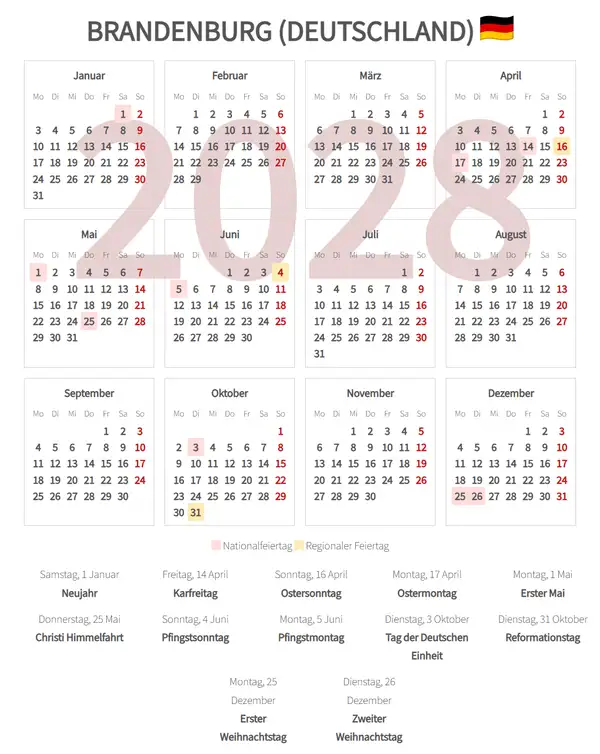 Arbeitskalender 2028, Brandenburg (Deutschland)