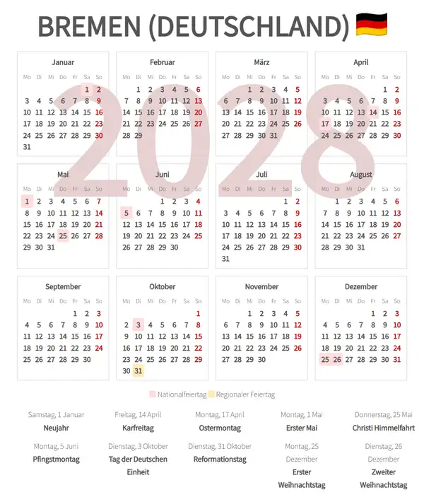Arbeitskalender 2028, Bremen (Deutschland)