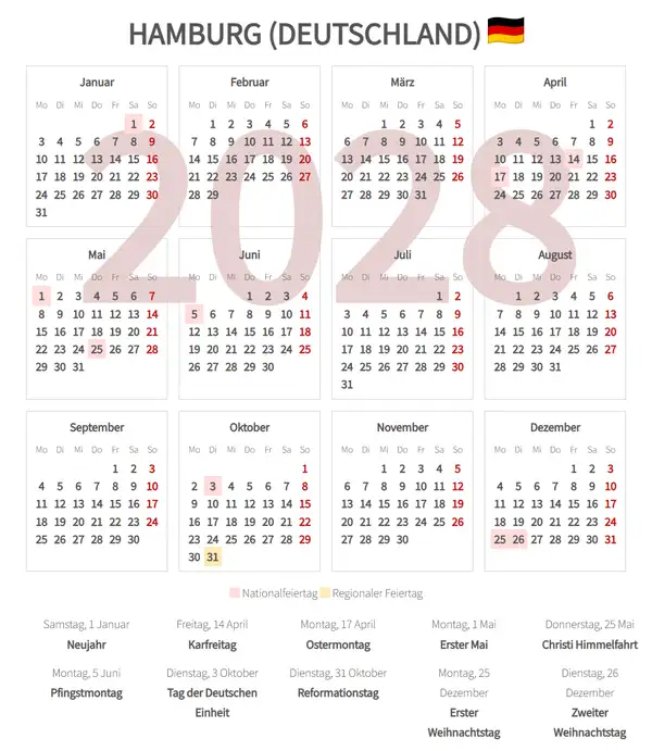 Arbeitskalender 2028, Hamburg (Deutschland)