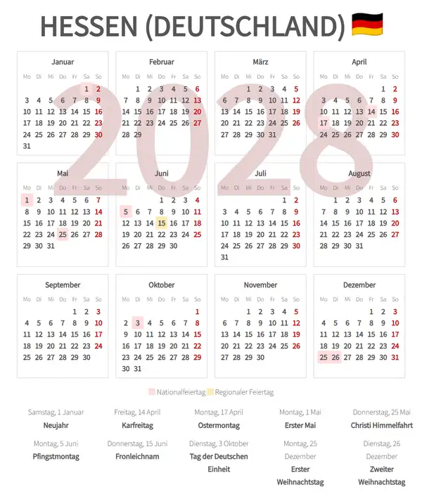 Arbeitskalender 2028, Hessen (Deutschland)