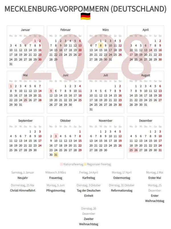 Arbeitskalender 2028, Mecklenburg-vorpommern (Deutschland)