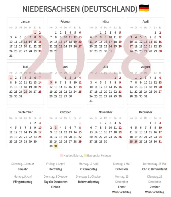 Arbeitskalender 2028, Niedersachsen (Deutschland)