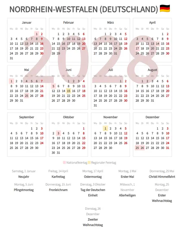 Arbeitskalender 2028, Nordrhein-westfalen (Deutschland)