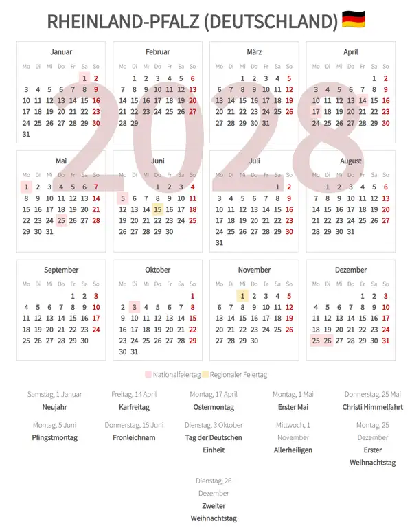 Arbeitskalender 2028, Rheinland-pfalz (Deutschland)