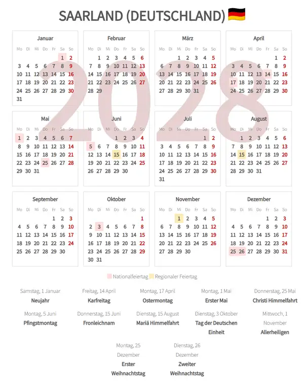 Arbeitskalender 2028, Saarland (Deutschland)