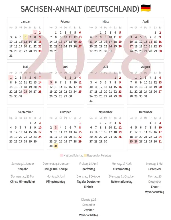 Arbeitskalender 2028, Sachsen-anhalt (Deutschland)