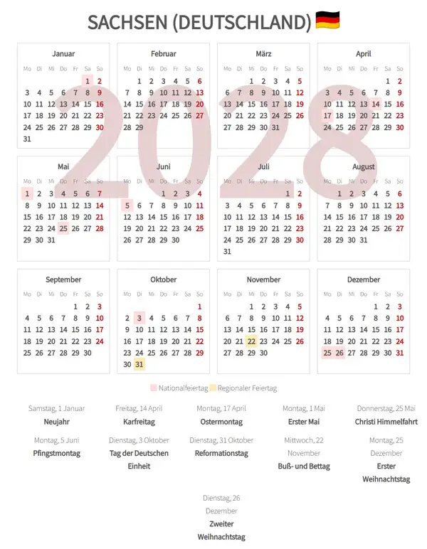 Arbeitskalender 2028, Sachsen (Deutschland)