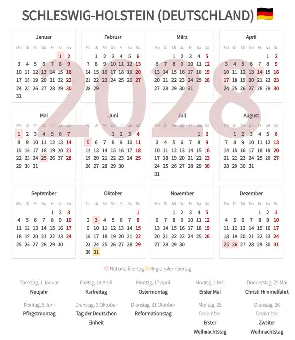 Arbeitskalender 2028, Schleswig-holstein (Deutschland)
