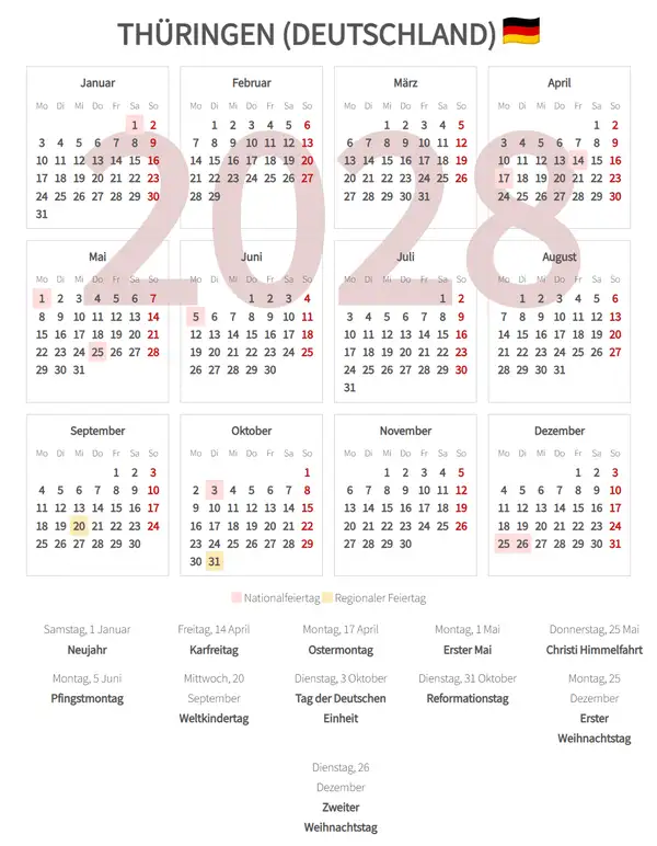 Arbeitskalender 2028, Thüringen (Deutschland)