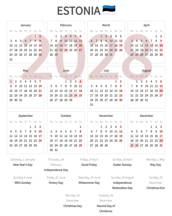 Work Calendar 2028, Estonia - Public Holidays