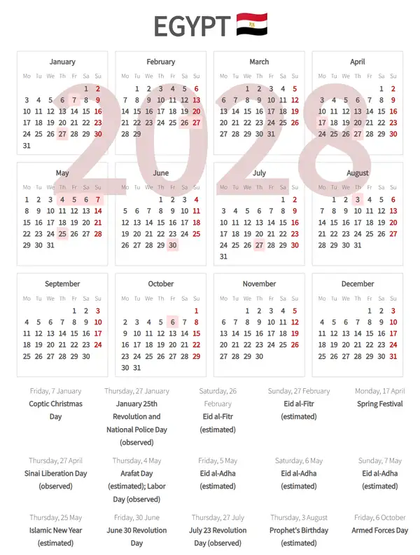 Work Calendar 2028, Egypt - Public Holidays