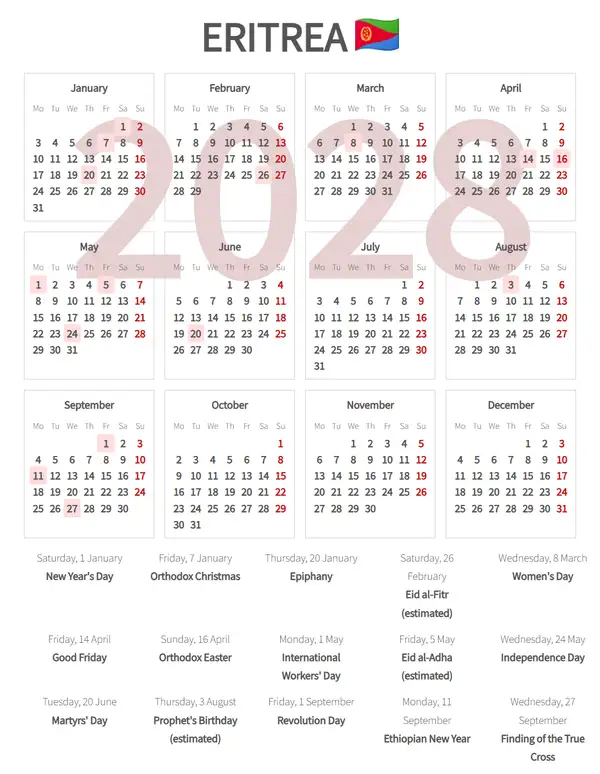 Work Calendar 2028, Eritrea - Public Holidays