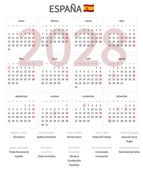 Calendario Laboral 2028 de España