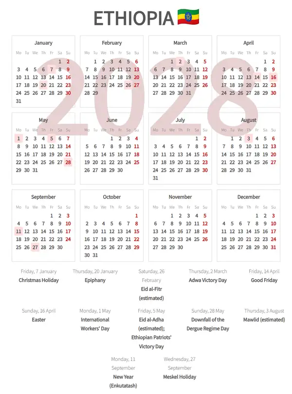 Work Calendar 2028, Ethiopia - Public Holidays