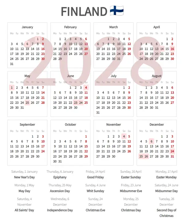 Work Calendar 2028, Finland - Public Holidays