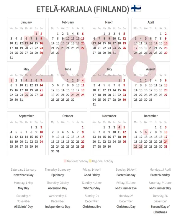 Work Calendar 2028, Etelä-karjala (Finland)